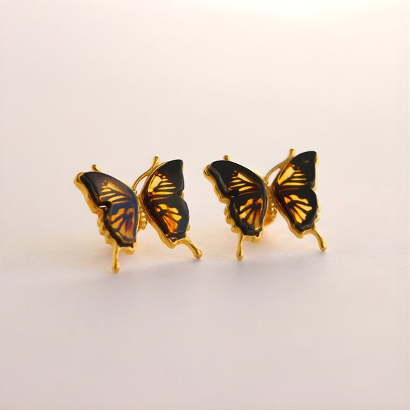 Baltic Amber Butterfly Stud Earrings in 14k Gold Platd Sterling Silver - Picture 2 of 5